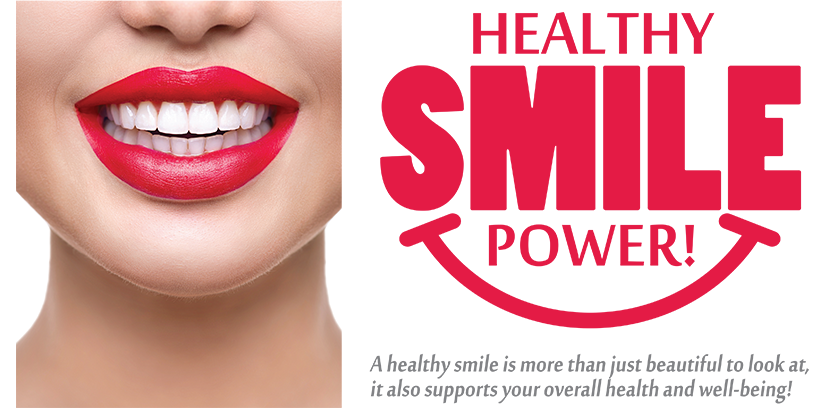 The image features a close-up of a person s face with red lipstick, set against a white background. There is text overlaying the image that reads  HEALTHY SMILE POWER  in bold, capitalized letters.